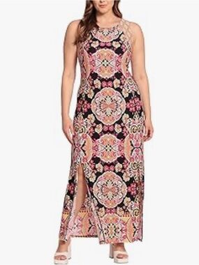 NEW London Times Dress Size 12 Sleeveless Maxi Pink Orange Medallion Print Slits